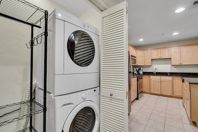 82 Virginia Rd Unit 405, Lincoln, MA 01773 - laundry room with stacked washer / drying machine, light tile patterned flooring, and recessed lighting