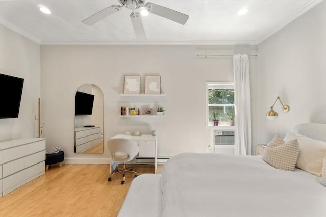 10 Beacon St Unit 105, Woburn, MA 01801 - bedroom featuring ornamental molding, wood finished floors, recessed lighting, a ceiling fan, and baseboards