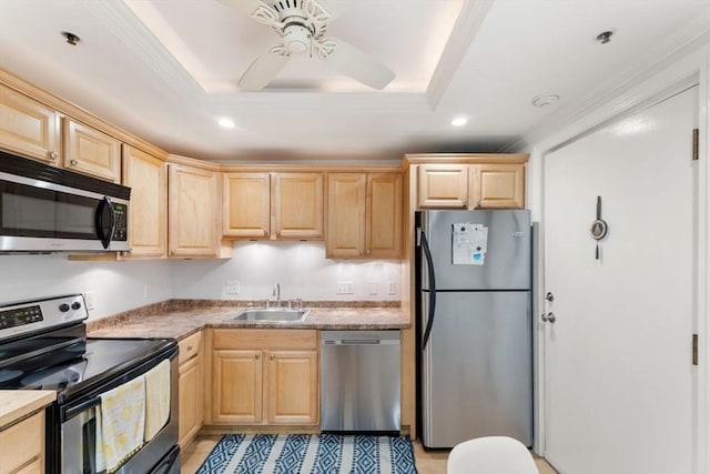 10 Beacon St Unit 105, Woburn, MA 01801 - kitchen with stainless steel appliances, light brown cabinetry, a sink, a ceiling fan, and recessed lighting
