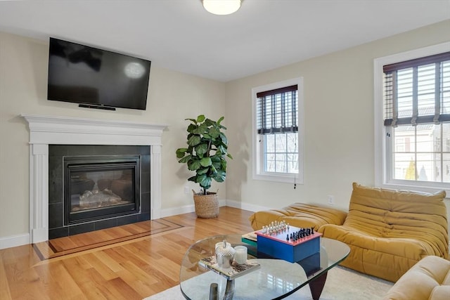 living room with hardwood / wood-style flooring and a fireplace