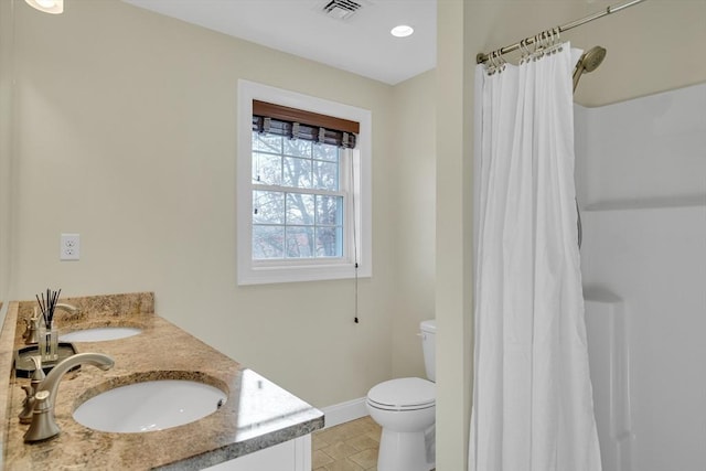 bathroom with vanity, tile patterned flooring, toilet, and a shower with shower curtain