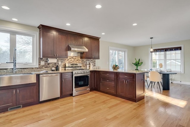 kitchen featuring pendant lighting, sink, stainless steel appliances, plenty of natural light, and light hardwood / wood-style flooring