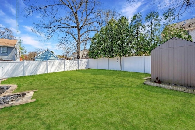 view of yard with a storage shed, an outbuilding, and a fenced backyard