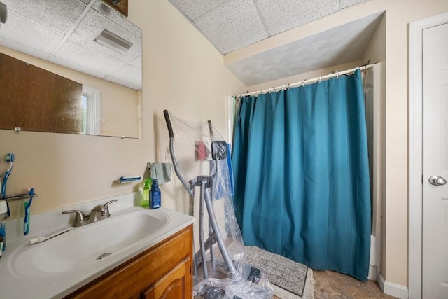 1438 Somerset Ave, Taunton, MA 02780 - bathroom featuring a paneled ceiling, vanity, and a shower with shower curtain