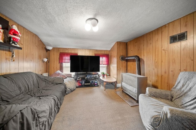 1438 Somerset Ave, Taunton, MA 02780 - living room with wooden walls, carpet, a wood stove, and a textured ceiling