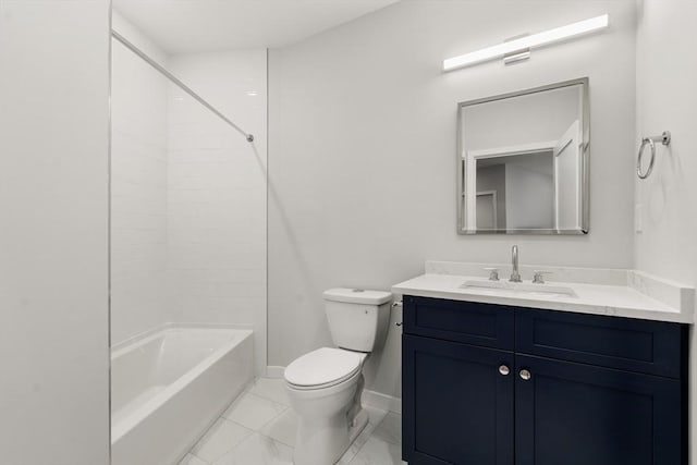 bathroom featuring shower / tub combination, toilet, vanity, baseboards, and marble finish floor