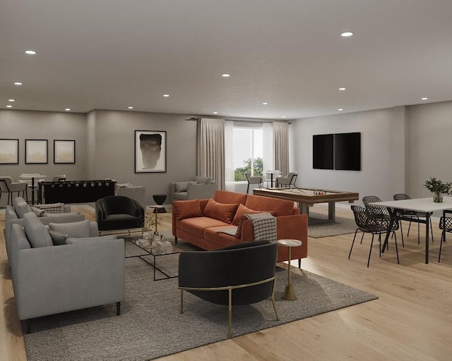 living room featuring light wood-type flooring and recessed lighting