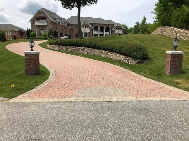 view of community featuring curved driveway and a lawn