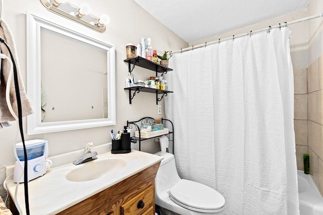 full bath featuring toilet, shower / bath combination with curtain, and vanity