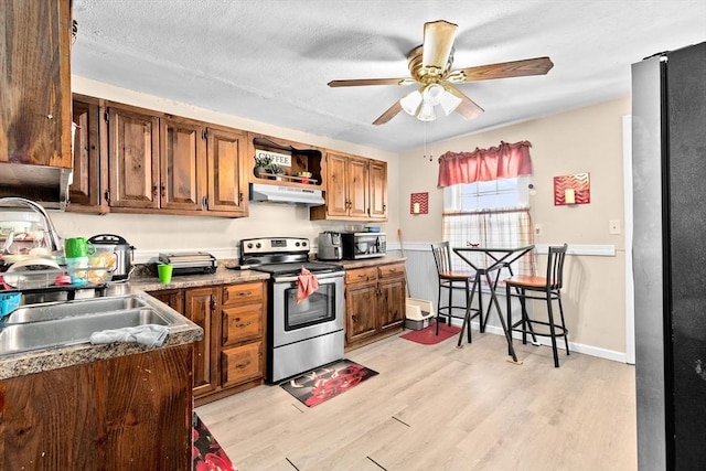 kitchen featuring light wood-style flooring, appliances with stainless steel finishes, ceiling fan, a sink, and under cabinet range hood