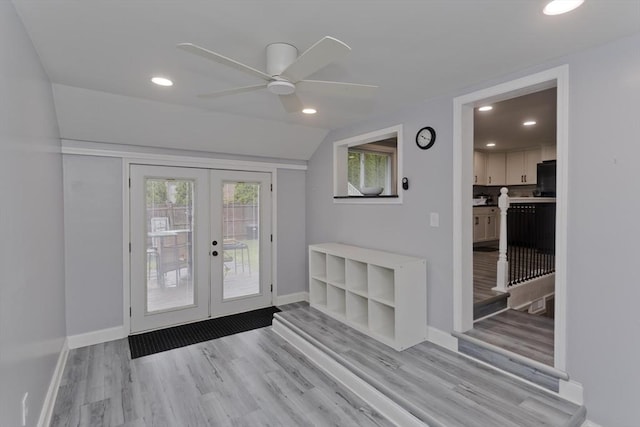 83 Chalmers St, Springfield, MA 01118 - doorway featuring french doors, a ceiling fan, baseboards, light wood-style flooring, and recessed lighting