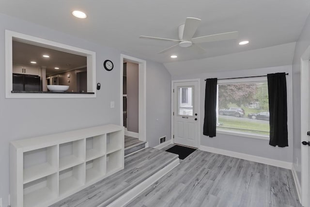 83 Chalmers St, Springfield, MA 01118 - entryway featuring a ceiling fan, wood finished floors, baseboards, recessed lighting, and vaulted ceiling