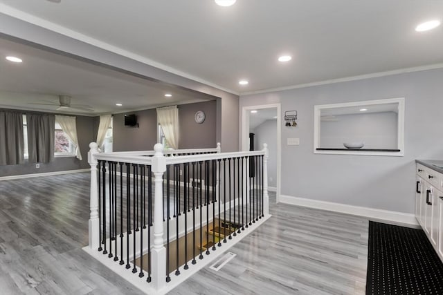 83 Chalmers St, Springfield, MA 01118 - hall featuring an upstairs landing, baseboards, recessed lighting, light wood finished floors, and crown molding
