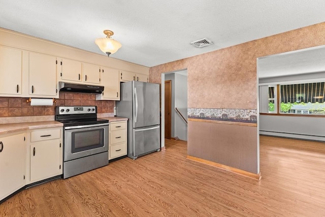 171 Duffy Dr, Taunton, MA 02780 - kitchen featuring stainless steel appliances, under cabinet range hood, light wood-style flooring, light countertops, and decorative backsplash