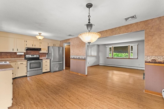 171 Duffy Dr, Taunton, MA 02780 - kitchen with appliances with stainless steel finishes, a baseboard heating unit, light wood finished floors, under cabinet range hood, and open floor plan