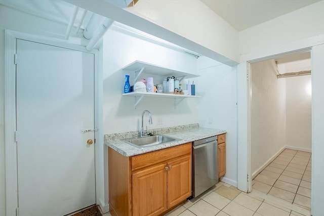 indoor wet bar with dishwasher and light tile patterned floors