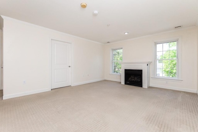 8 Crowninshield Unit 312, Peabody, MA 01960 - unfurnished living room with light colored carpet, crown molding, baseboards, and a fireplace