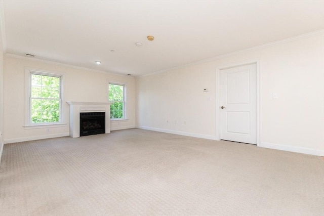 8 Crowninshield Unit 312, Peabody, MA 01960 - unfurnished living room with ornamental molding, light colored carpet, baseboards, and a fireplace