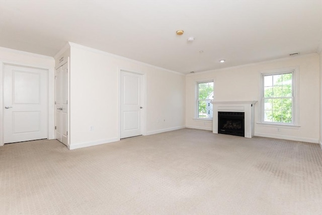 8 Crowninshield Unit 312, Peabody, MA 01960 - unfurnished living room with light carpet, baseboards, ornamental molding, and a fireplace