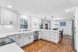 5 Hickory Rd, Southborough, MA 01772 - kitchen featuring a peninsula, stainless steel dishwasher, decorative light fixtures, white cabinets, and dark wood-style floors
