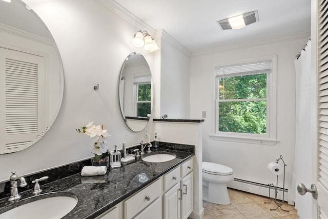 18 Mann St, Bellingham, MA 02019 - full bath with baseboard heating, double vanity, tile patterned flooring, and crown molding