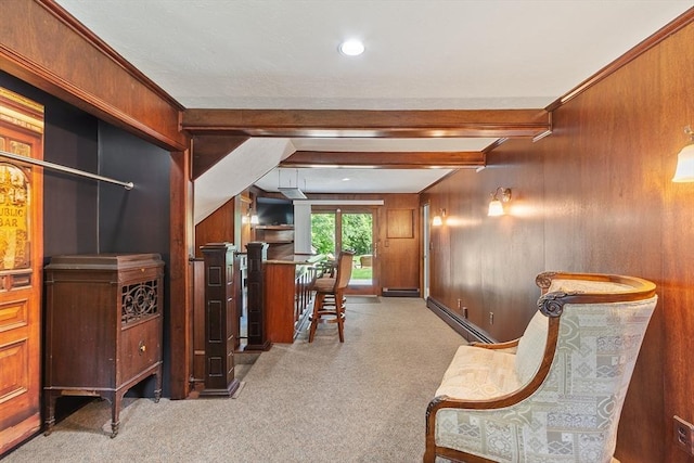 18 Mann St, Bellingham, MA 02019 - hall with carpet flooring, a baseboard heating unit, wooden walls, and beam ceiling