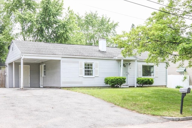 15 Fredette St, Springfield, MA 01109 - ranch-style house with asphalt driveway, a chimney, a carport, and roof with shingles