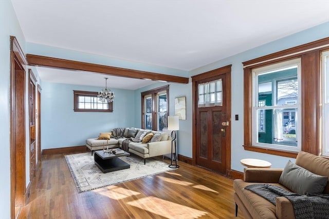 living room featuring hardwood / wood-style flooring, a healthy amount of sunlight, and a notable chandelier