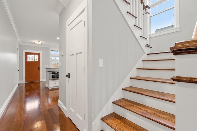 stairway with ornamental molding and wood-type flooring