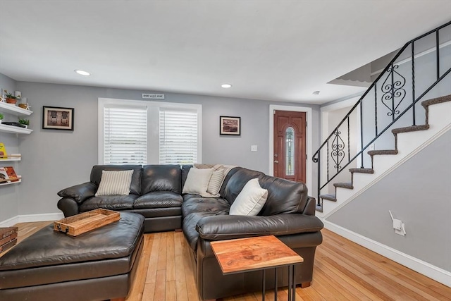 49 Pinehurst Ave, Methuen, MA 01844 - living room featuring baseboards, light wood-type flooring, stairs, and recessed lighting