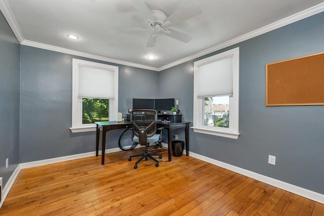 49 Pinehurst Ave, Methuen, MA 01844 - office with hardwood / wood-style floors, ornamental molding, baseboards, ceiling fan, and recessed lighting
