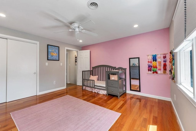 49 Pinehurst Ave, Methuen, MA 01844 - bedroom featuring wood finished floors, baseboards, recessed lighting, a closet, and ceiling fan