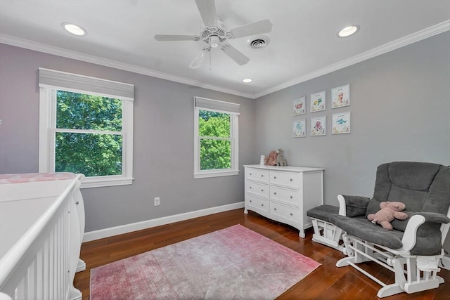 49 Pinehurst Ave, Methuen, MA 01844 - bedroom with dark wood-type flooring, crown molding, baseboards, recessed lighting, and ceiling fan
