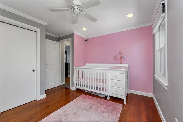 49 Pinehurst Ave, Methuen, MA 01844 - bedroom featuring baseboards, wood finished floors, recessed lighting, a ceiling fan, and ornamental molding