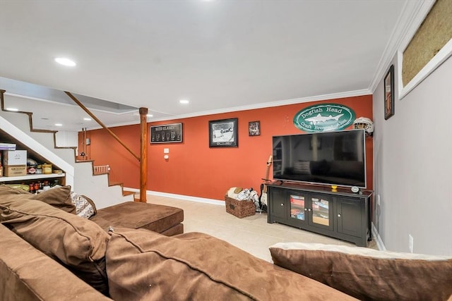 49 Pinehurst Ave, Methuen, MA 01844 - living area featuring ornamental molding, stairway, recessed lighting, tile patterned floors, and baseboards