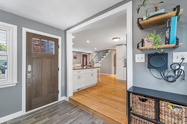 49 Pinehurst Ave, Methuen, MA 01844 - entryway with light wood-type flooring, baseboards, stairs, and recessed lighting