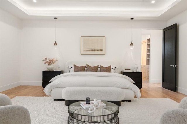 bedroom with light wood-type flooring, a spacious closet, and baseboards