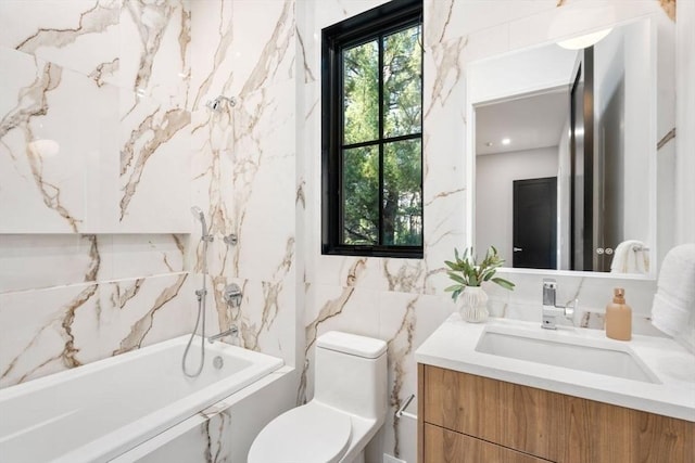 full bathroom with toilet, tile walls, a bath, and vanity