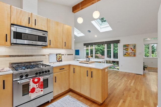 5 Mason St, Lexington, MA 02421 - kitchen featuring stainless steel appliances, a skylight, a peninsula, light brown cabinetry, and healthy amount of natural light