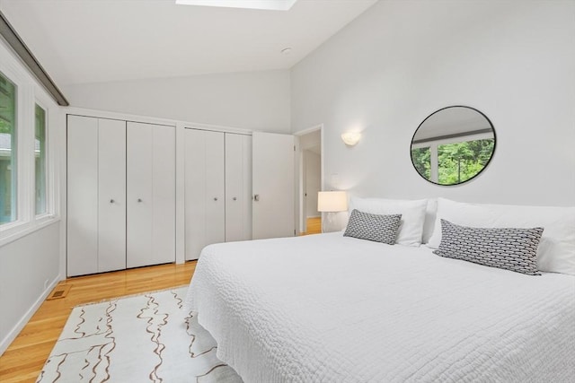 5 Mason St, Lexington, MA 02421 - bedroom with two closets, light wood-type flooring, multiple windows, a skylight, and high vaulted ceiling