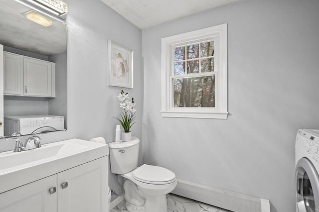 1 Island Rd, Medway, MA 02053 - bathroom featuring washer / clothes dryer, marble finish floors, baseboards, and toilet