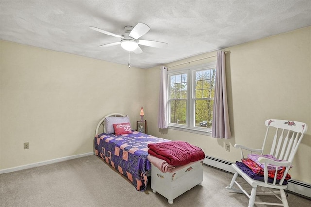 1 Island Rd, Medway, MA 02053 - bedroom featuring baseboards, a ceiling fan, carpet floors, a baseboard heating unit, and a textured ceiling