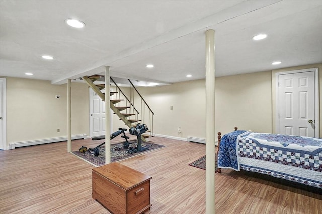 1 Island Rd, Medway, MA 02053 - bedroom with baseboard heating, light wood-style flooring, baseboards, a baseboard heating unit, and recessed lighting