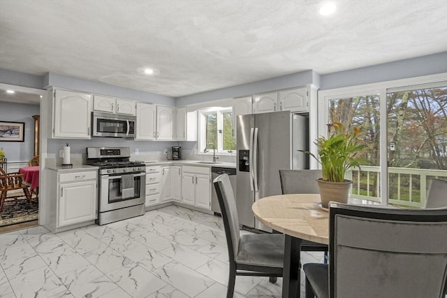 1 Island Rd, Medway, MA 02053 - kitchen featuring stainless steel appliances, a sink, light marble finish floors, white cabinetry, and light countertops