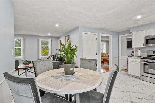 1 Island Rd, Medway, MA 02053 - dining area featuring recessed lighting and light marble finish floors