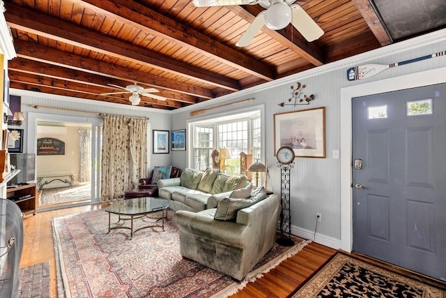 living room featuring wooden ceiling, beam ceiling, hardwood / wood-style flooring, and wooden walls