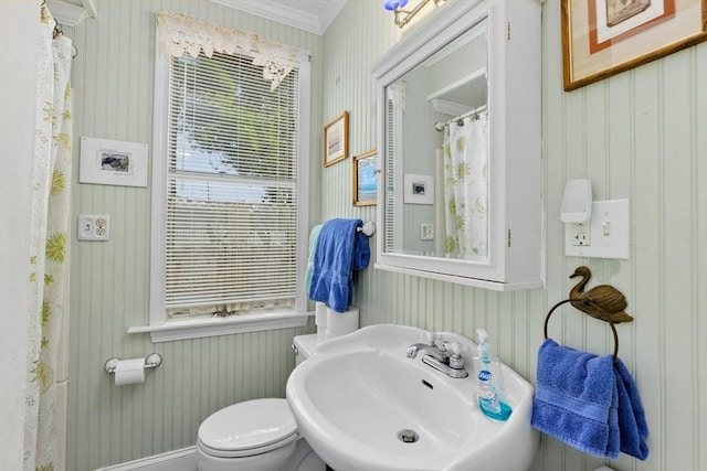 bathroom with toilet, ornamental molding, and sink