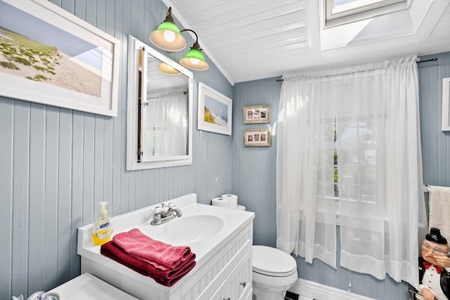 bathroom featuring toilet, lofted ceiling with skylight, and vanity