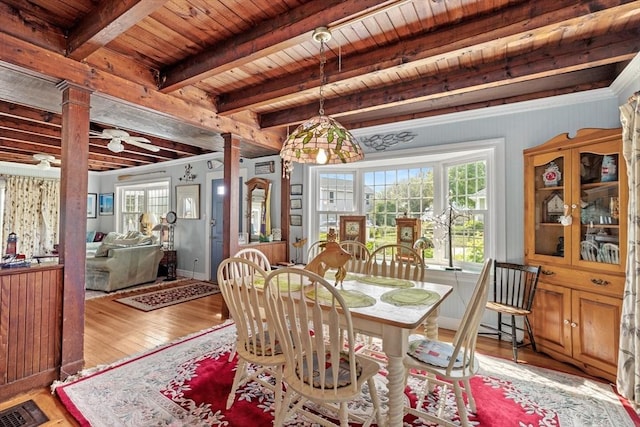 dining space with light hardwood / wood-style floors, wooden ceiling, beam ceiling, and ceiling fan