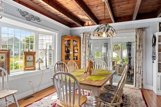 dining area with light hardwood / wood-style floors, beam ceiling, and wood ceiling